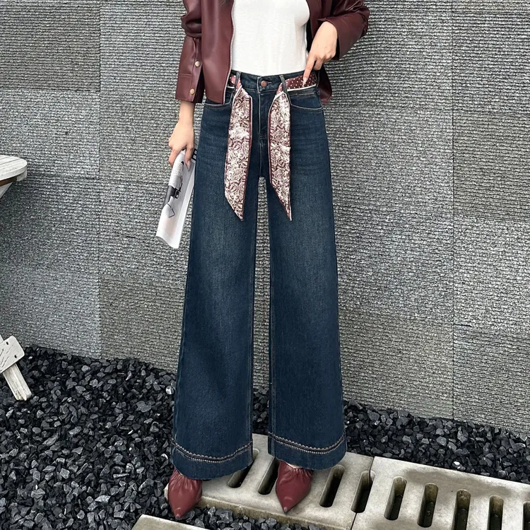 加绒十分阔腿牛仔裤女2025冬季高腰水洗时尚休闲直筒拖地裤5606