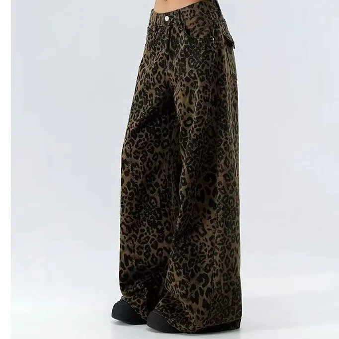 【偏大往小拍】薄款爆款豹纹阔腿裤高腰裤子女生韩系酷酷飒痞帅风