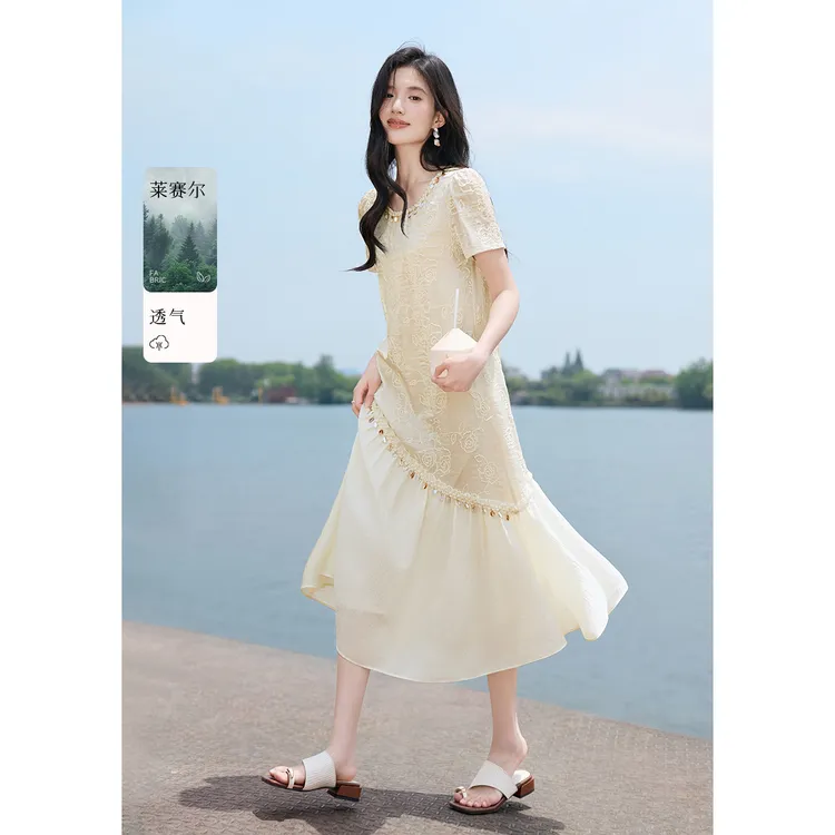 莱赛尔贝壳蕾丝重工提花连衣裙女夏季法式慵懒度假风长裙法式裙子