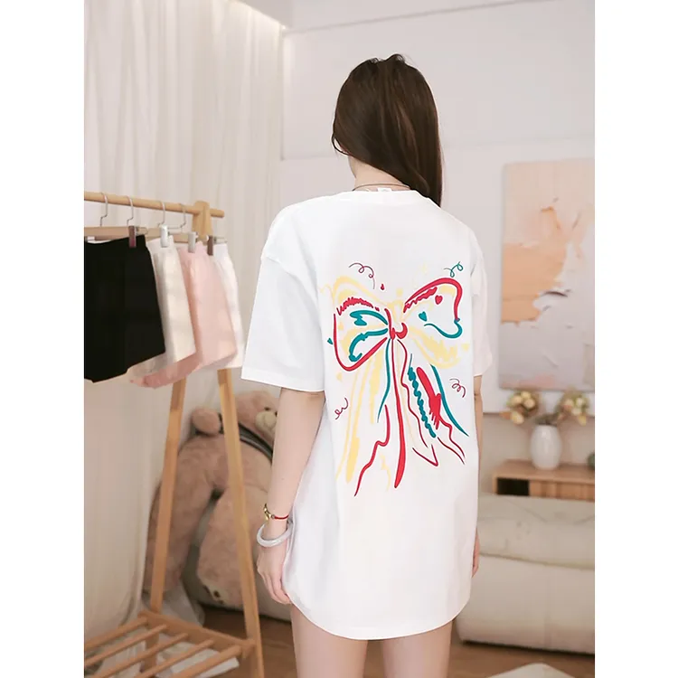 新款爆款创意蝴蝶结印花短袖夏季时尚小众设计感纯棉宽松T桖女款