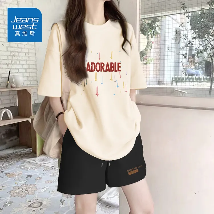 真维斯甜美休闲运动套装女夏季短袖t恤韩系学生跑步短裤两件套
