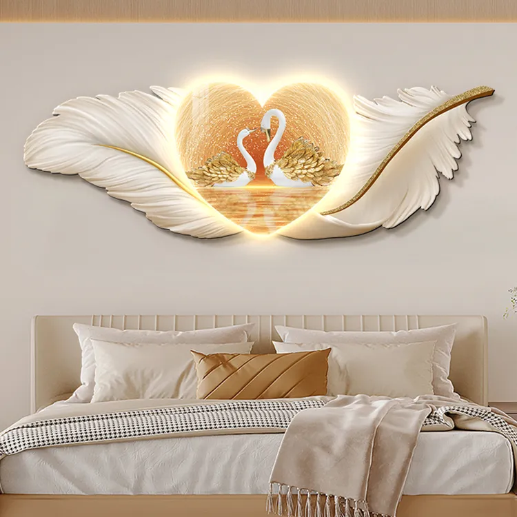 新款led带灯床头卧室装饰画主卧次卧房间壁画简约羽毛高级感挂画