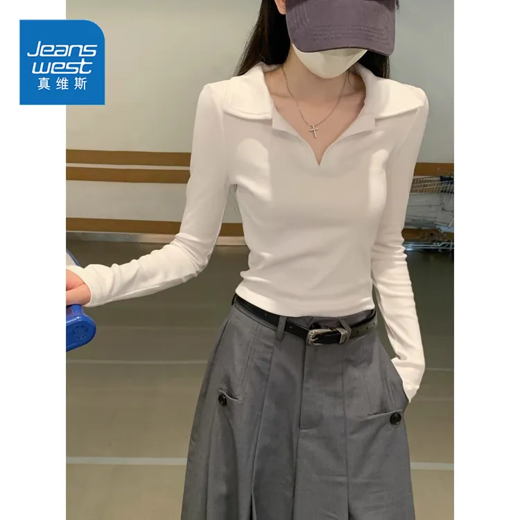 真维斯polo领白色长袖T恤女春秋修身显瘦辣妹短款正肩打底衫上衣