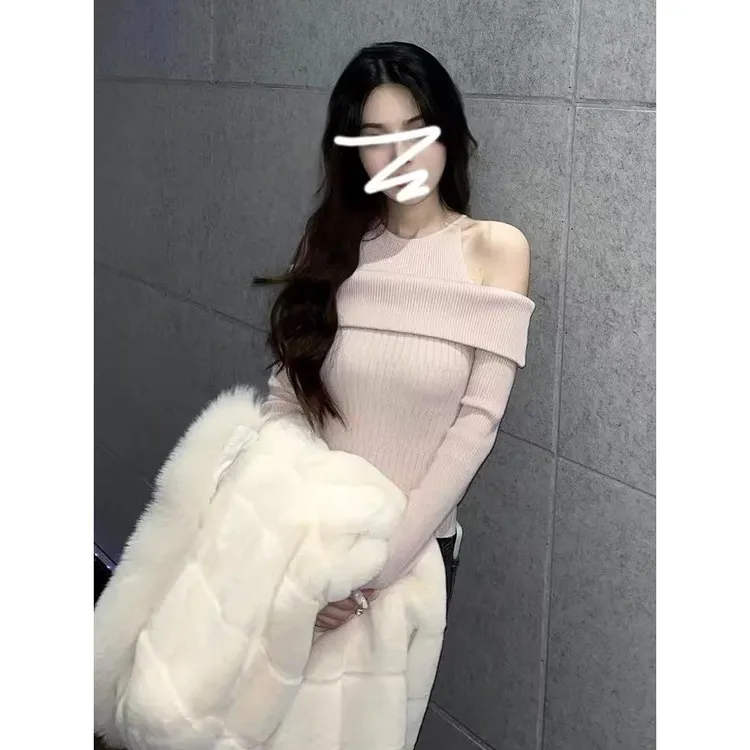 原版质量 韩系粉色假两件露肩针织衫女春秋冬内搭打底长袖毛衣