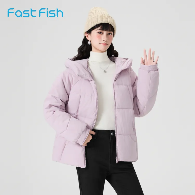 快鱼棉服女2025年冬季新款微宽松净色短款连帽外套防寒加厚小棉袄