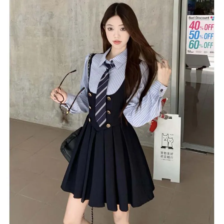 【送领带】2025春秋季新款制服套装女学院风修身假两件连衣裙D3325
