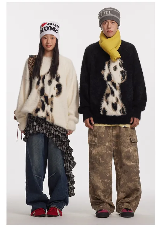 ssmg秋冬圆领狗毛衣猫咪复古针织衫豹纹叠加百搭冬季宽松