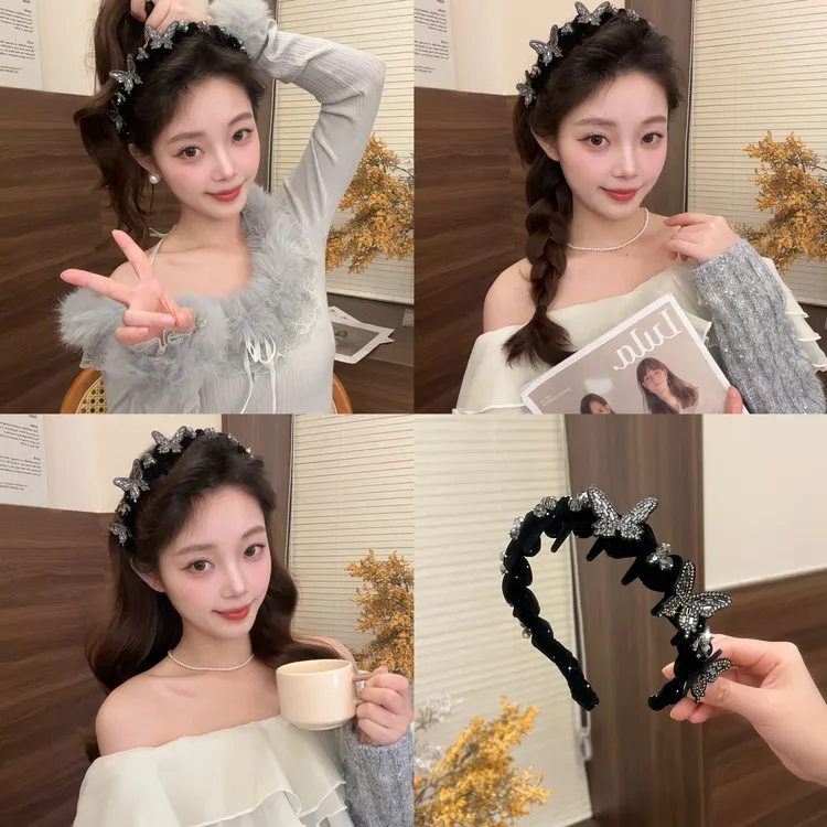 定制款蝴蝶结闪钻毛绒发箍高级感轻奢百搭发卡瑞丽优雅发饰