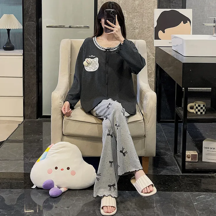 长袖睡衣女春秋季韩版大码2025年新款可外穿灰领结kt猫套装家居服
