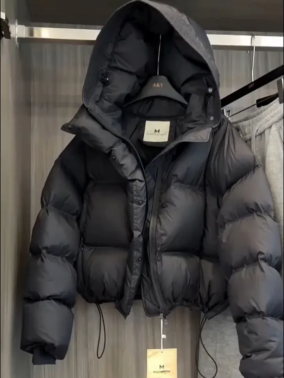 韩系时尚连帽黑色棉服女2025冬季新款加厚保暖百搭面包服棉衣外套