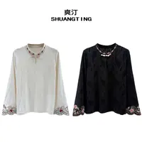 Jokara/丘可儿【留梦雪】新中式刺绣国风提花衬衣复古盘扣打底上衣