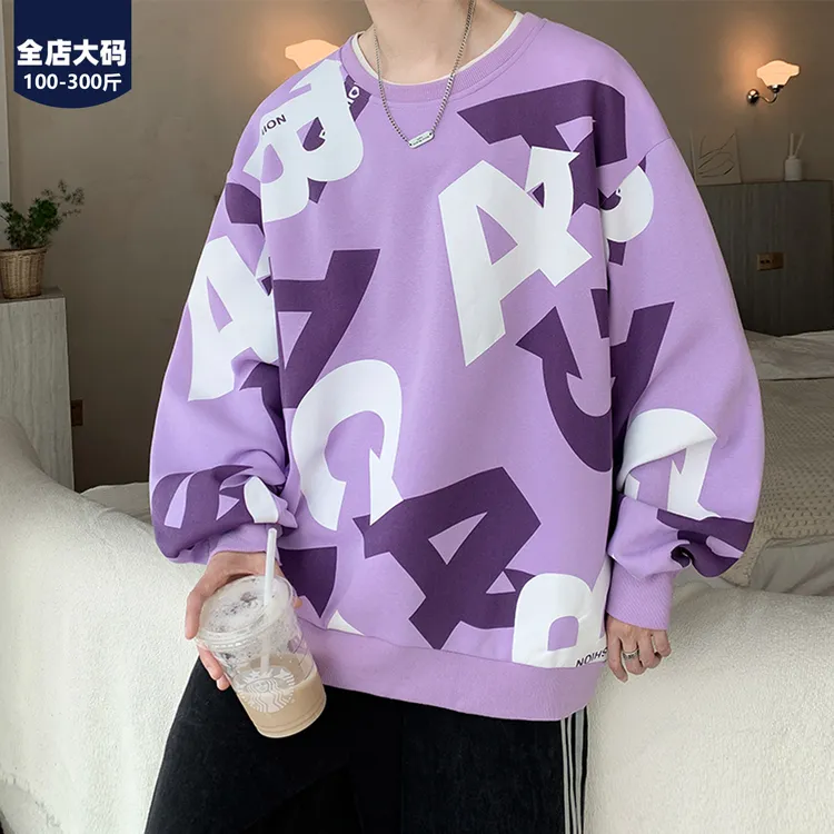 胖胖森大码满印字母印花卫衣男春秋款休闲圆领上衣潮流宽松打底衫