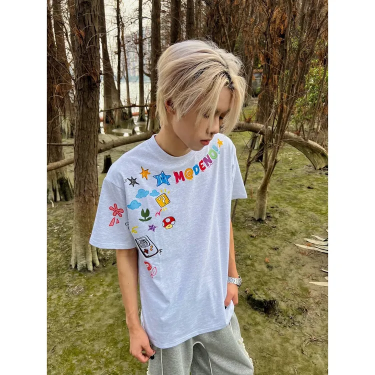 重磅纯棉白色短袖男女潮牌字母宽松半袖夏季印花高街新款美式上衣