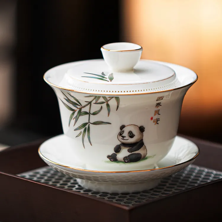 羊脂玉白瓷茶具三才盖碗360度千孔免过滤防烫盖碗家用办公室送礼