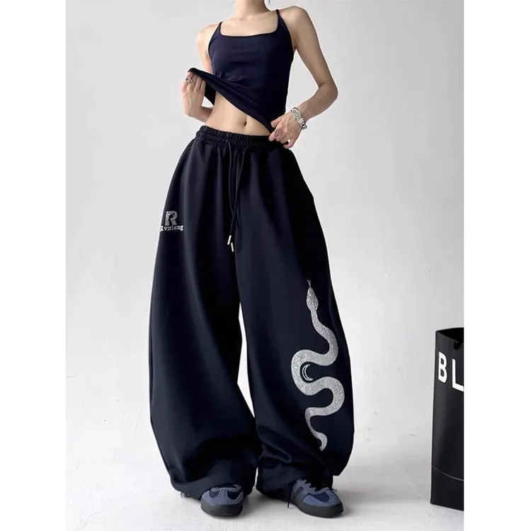 美式复古冬季加绒辣妹蛇纹烫钻休闲裤女宽松运动卫裤嘻哈街舞裤子