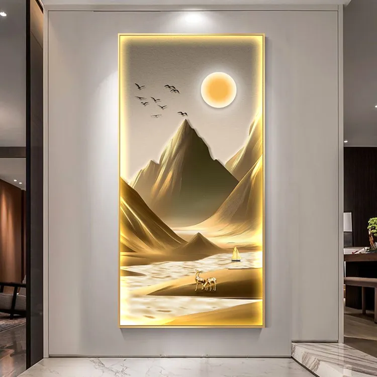 入户门玄关装饰画轻奢流水生财壁画镶钻LED灯画客厅走廊过道挂画