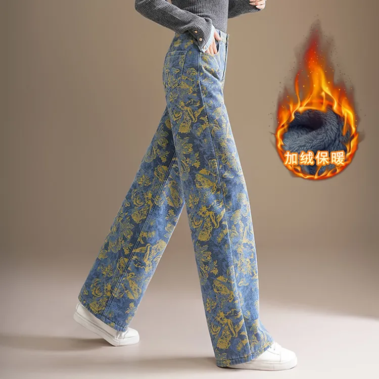 春秋冬季加绒加厚直筒裤牛仔裤高腰宽松印花牛仔裤中年妈妈长裤女