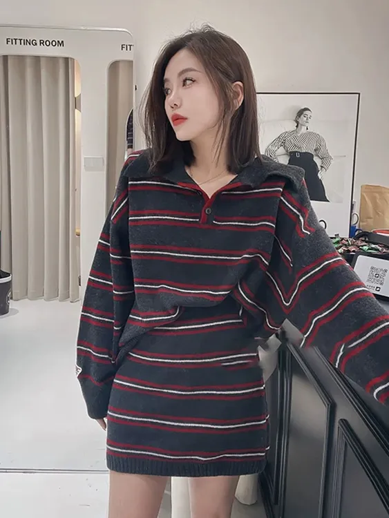 秋日巨好看的休闲运动穿搭一整套女漂亮韩系针织衫半身裙两件套装