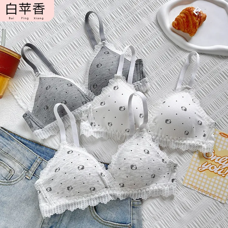 甜美可爱猫咪蕾丝内衣女小胸聚拢无钢圈学生不空杯薄款透气文胸罩