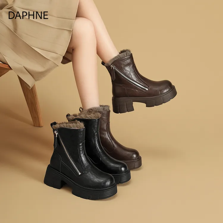 达芙妮厚底棕色短靴2025冬季新款加绒保暖百搭英伦风切尔西马丁靴