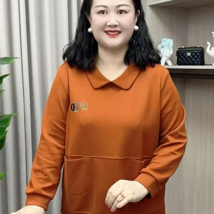大码妈妈装长袖卫衣2025秋季新款时尚娃娃领纯色减龄休闲百搭上衣