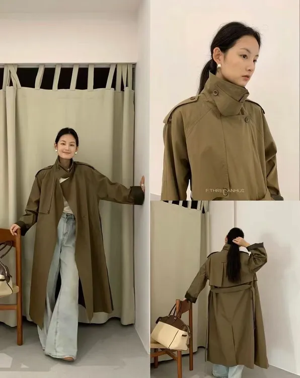 女长款系带拼接常规秋季口袋风衣春秋休闲卡其色宽松