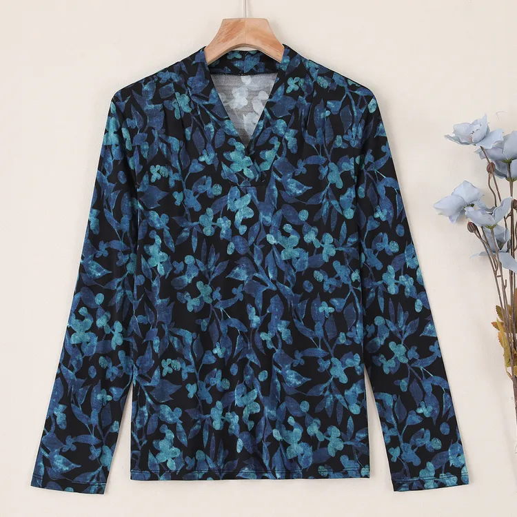 LANZIBES/蓝之蓓真丝42针V领碎花套头T恤长袖通勤休闲上衣C10657