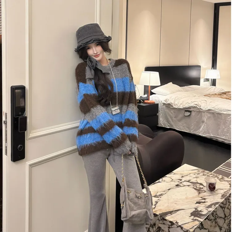 GUIDI GUDI【假装快乐】时尚条纹套头毛衣/黄加蓝 