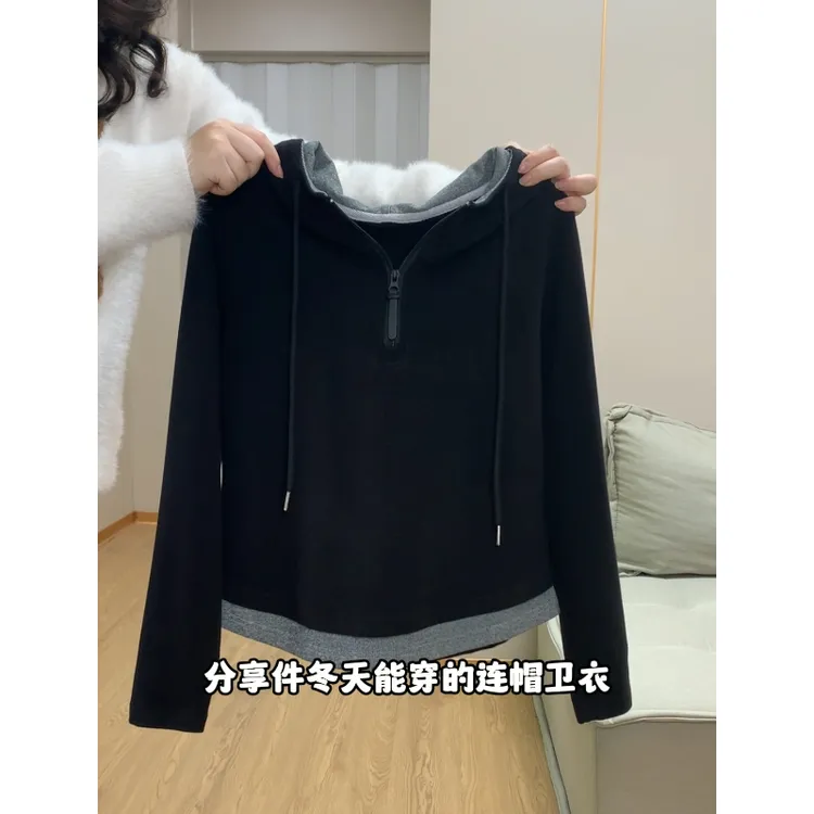 大码200斤假两件连帽卫衣女春季新款设计感长袖上衣显瘦时尚休闲