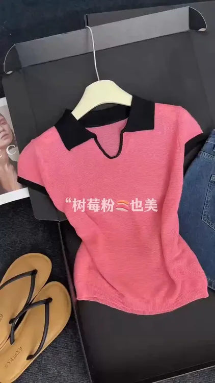 法式Polo领撞色针织短袖上衣女2025夏季时尚小众减龄别致套头T恤