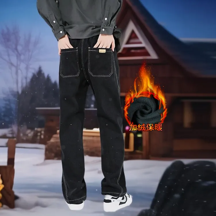 加绒加厚美式潮流复古男生直筒牛仔裤宽松潮流休闲裤子长裤