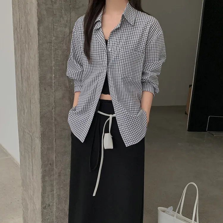 复古格子衬衫女2025秋季新款休闲风百搭宽松长袖翻领上衣