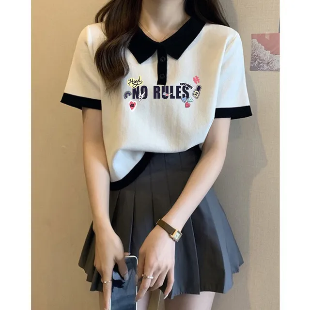 设计感小众撞色翻领短袖t恤女棉宽松显瘦正肩polo衫短款上衣夏