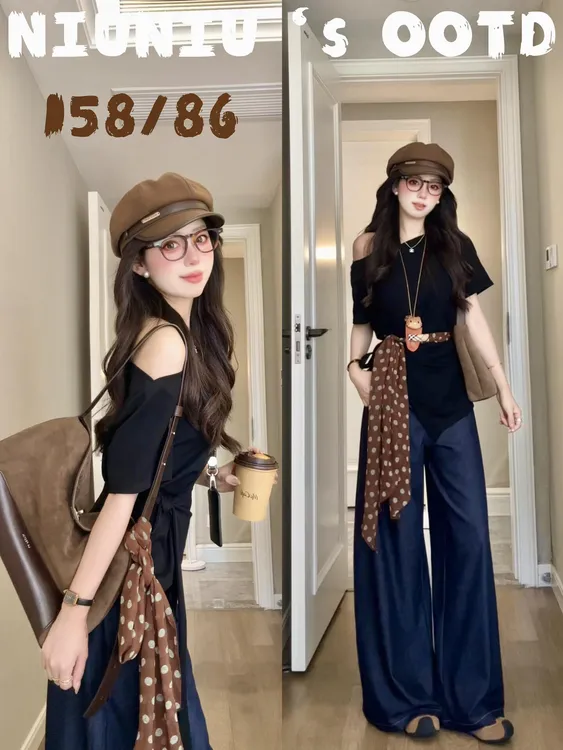 2025夏季新款韩系松弛感穿搭斜肩不规则黑色上衣搭配休闲裤两件套