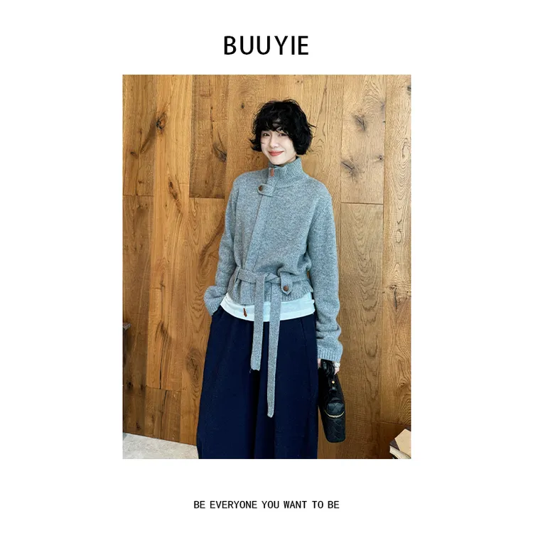 BUUYIE【婺溯】绵羊毛针织开衫女新款冬季设计感收腰外套251261