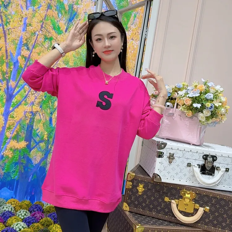 【芳芳私服】加绒中长款时尚圆领卫衣女长袖刺绣玫红色秋冬新款