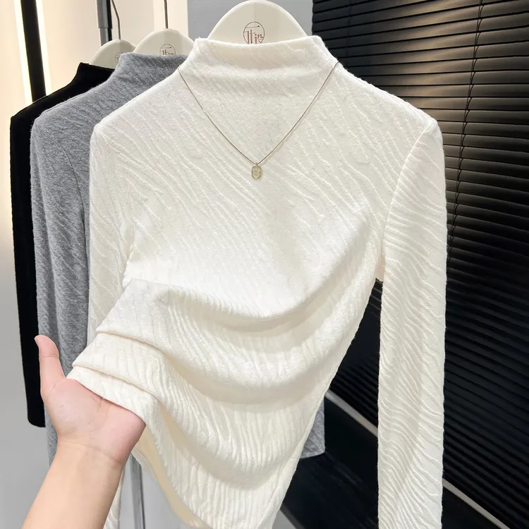 杏色百搭半高领设计感打底衫女秋冬新款纯色套头内搭修身长袖上衣