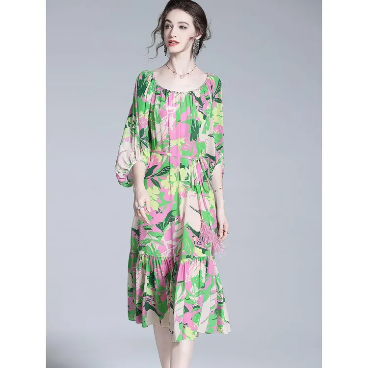 印花悠姿蝶浪漫法式桑蚕丝度假碎花精致裙真丝夏季裙连衣裙新