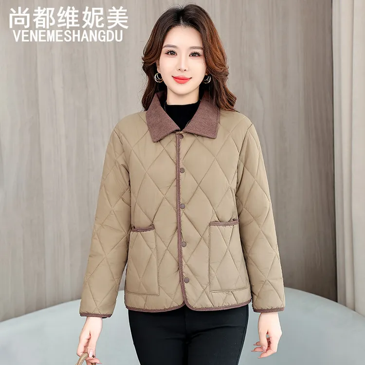 直筒翻领短款女纯色轻薄款棉服棉衣洋气休闲中老年棉袄女外套