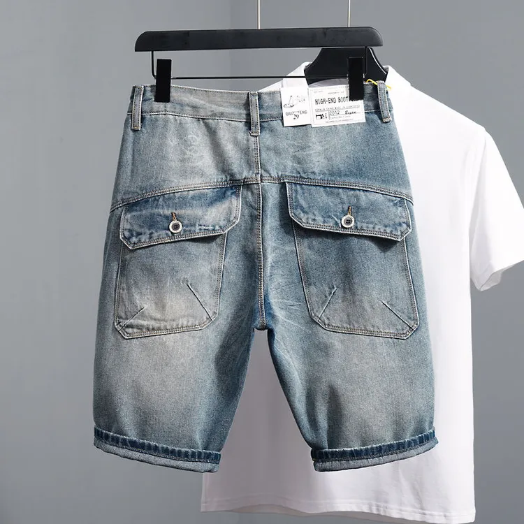 夏季破洞牛仔短裤男工装多口袋潮流中裤直筒宽松乞丐五分裤BQ