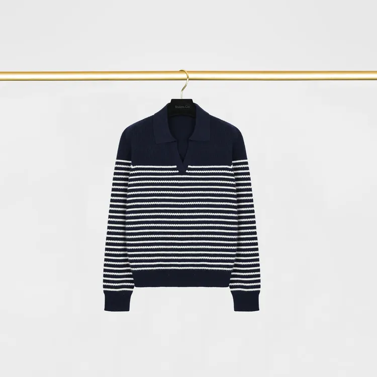 我是摩羯黑标 诺曼底 100天山羊绒德国Stoll机秋冬v领条纹衫