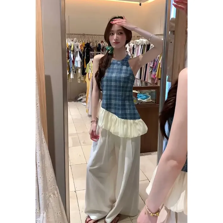 2025夏季新款法式气质无袖挂脖格纹不规则花苞上衣高腰阔腿长裤