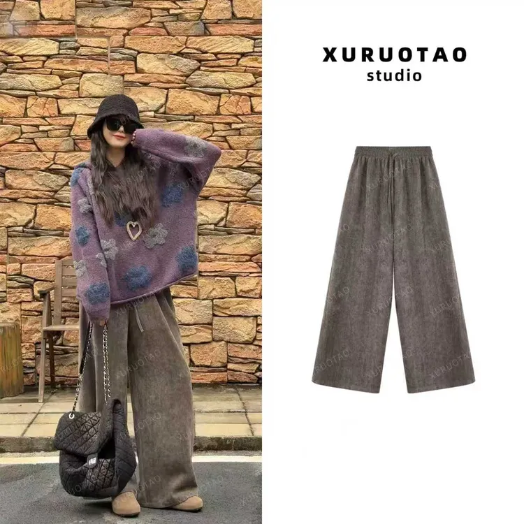 XURUOTAO 【OK裤】雪尼尔松紧腰百搭设计显瘦浅灰绿色休闲裤 T5669
