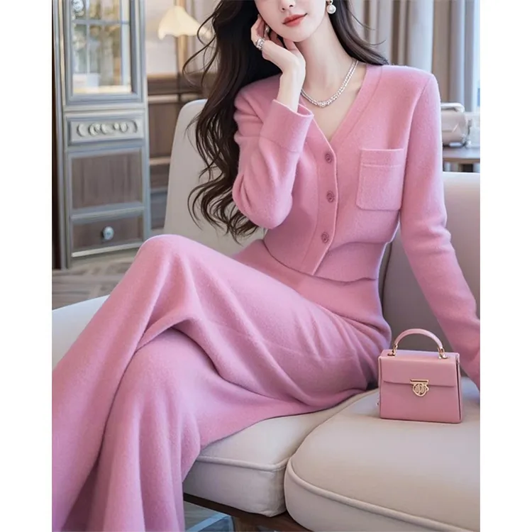 韩系穿搭一整套女春季新款高级感洋气气质小香风紫色毛衣裤子套装