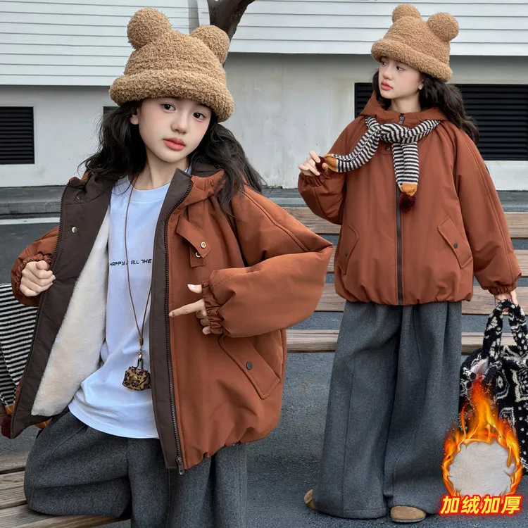 女童复古加绒加厚外套时尚中大童2025秋冬新款连帽韩版保暖棉服