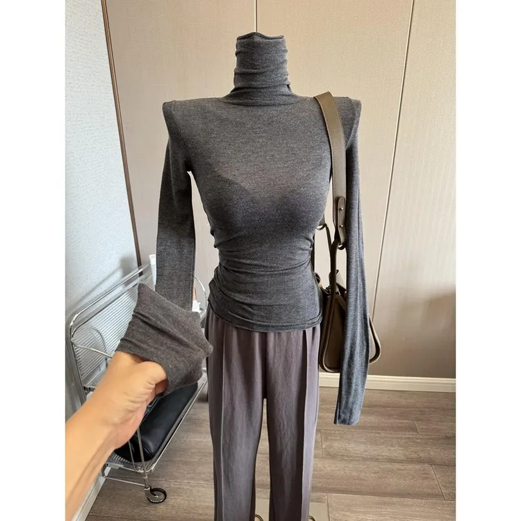 2025秋冬装堆堆领高领内搭打底衫女紧身长袖T恤薄款微透弹力上衣