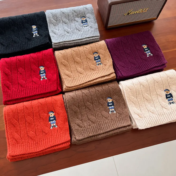 纯羊毛可爱小熊刺绣针织围巾男女2025冬季新款学生情侣氛围感围脖