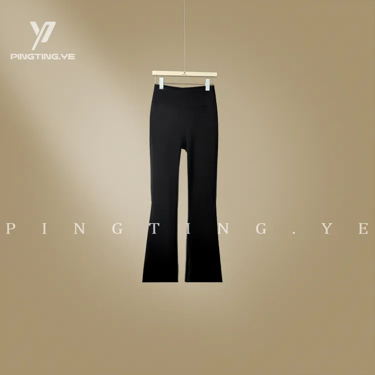 PINGTING.YE“山羊绒绵羊毛”加绒修身休闲小黑裤微喇裤82509