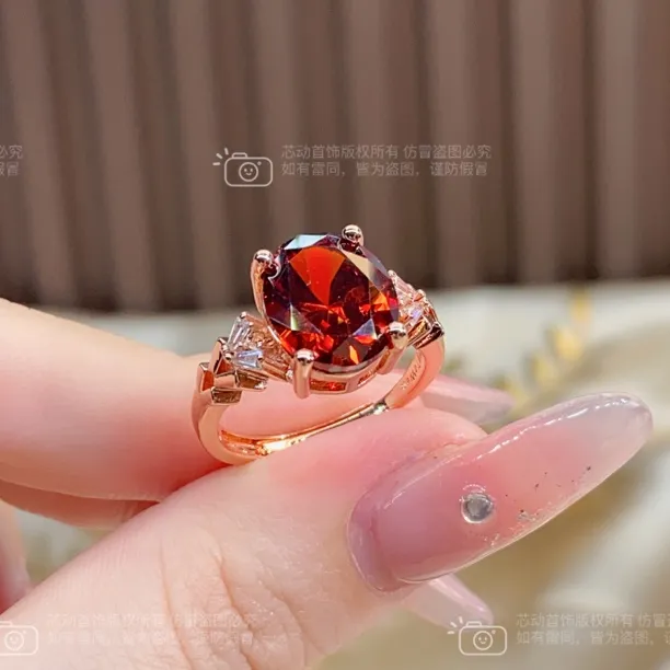 新品戒指【春霞】10x12mm石榴红人工宝镶嵌轻奢时尚百搭戒指女k4160