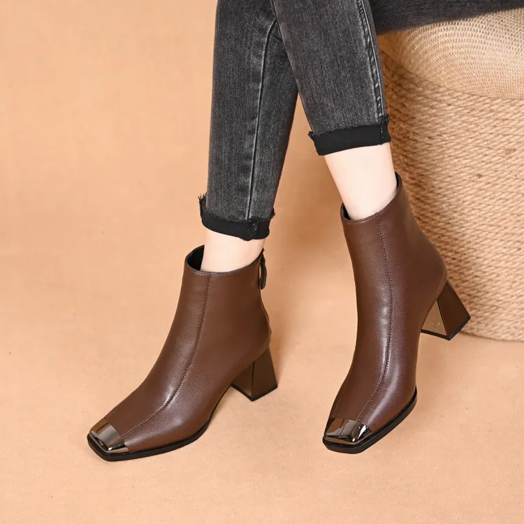 【专柜】法式复古风女真皮方头粗跟7cm高跟金属包头侧拉链气质短靴